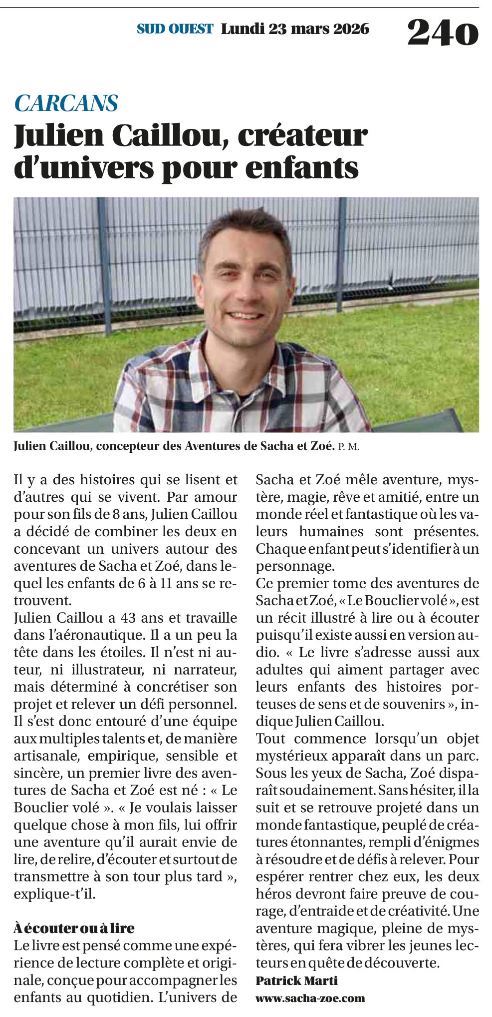 Article Sud Ouest sur Sacha et Zoé